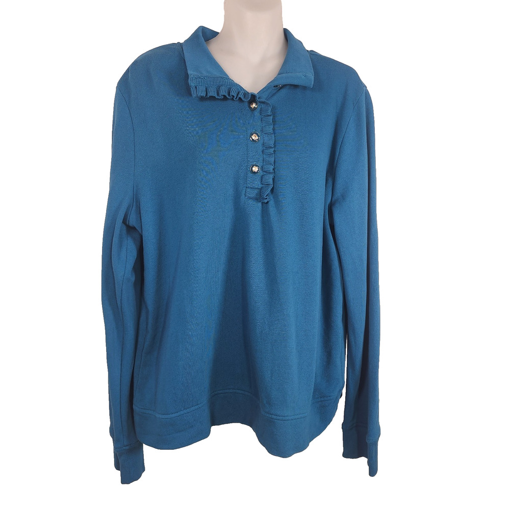 Talbots Women's Ruffle Placket Sweatshirt Mockneck Cotton Pullover Large Blue